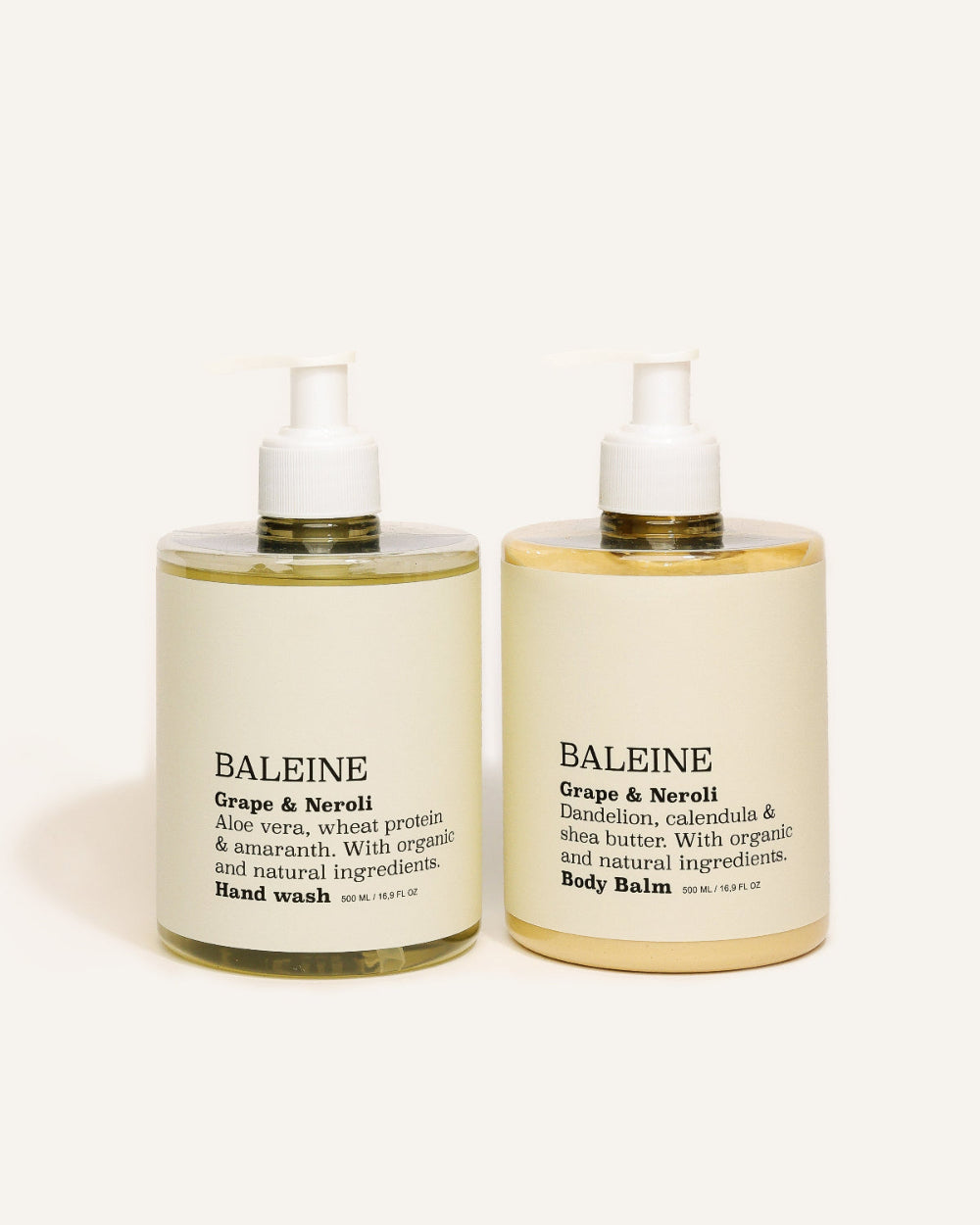Hand wash and body balm with a fresh grape & neroli fragrance, ideal for daily use | Håndsæbe og bodylotion med en frisk duft af grape & neroli, ideel til daglig brug.