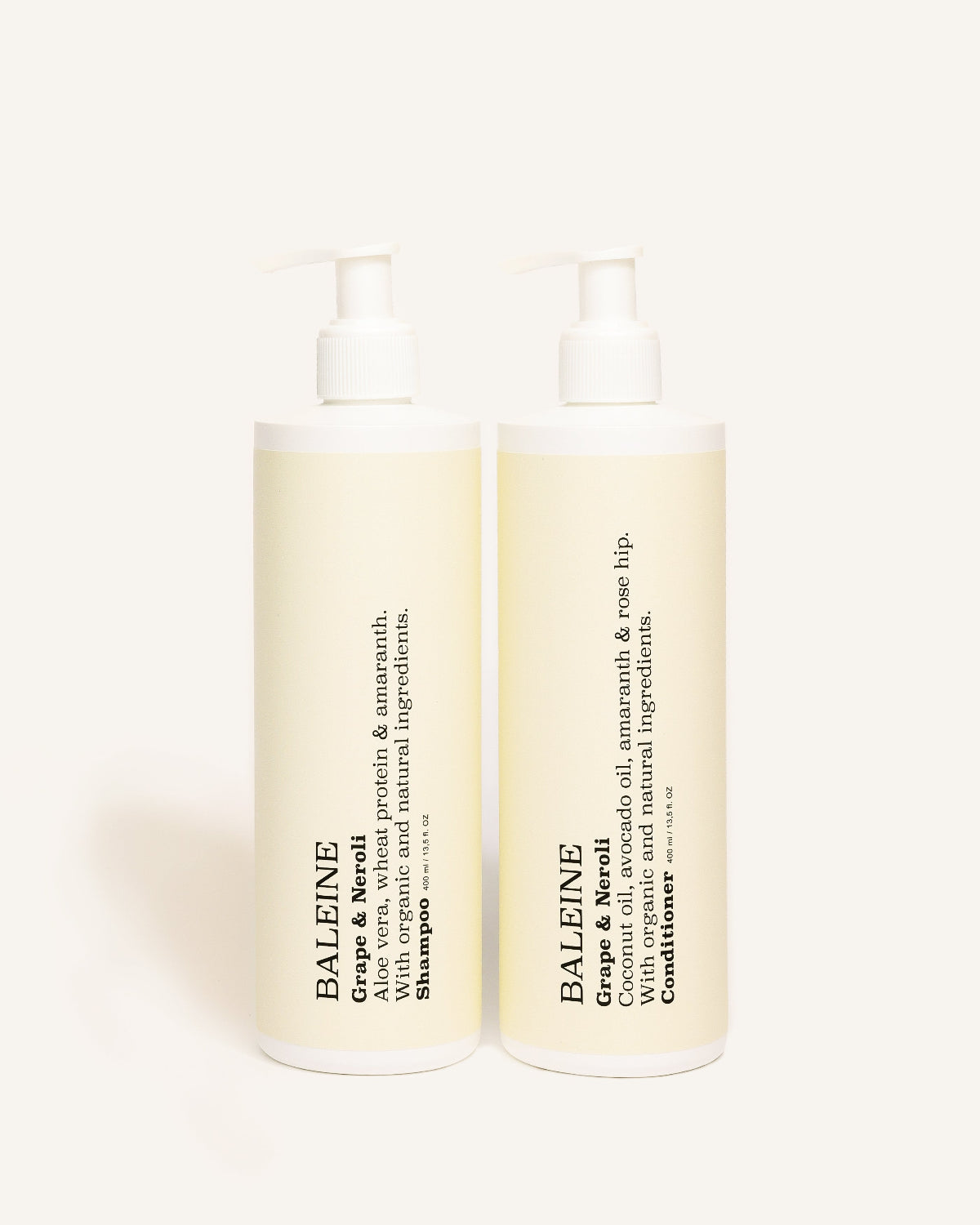 Shampoo and conditioner with a fresh grape & neroli scent, perfect for daily use and healthy hair | Shampoo og balsam med en frisk duft af grape & neroli, perfekt til daglig brug og sundt hår.