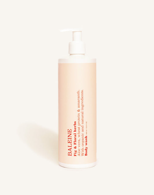 Body wash with natural and organic ingredients in the scent of fig & floral herbs – gentle and nourishing | Body wash med naturlige og økologiske ingredienser i duften fig & floral herbs – mild og plejende.