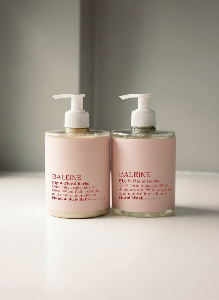 Hand wash and hand & body balm with fig & floral herbs – gentle hand soap and moisturizing hand cream for dry skin | Håndsæbe og håndcreme med fig & floral herbs – skånsom håndsæbe og fugtgivende håndcreme til tør hud.