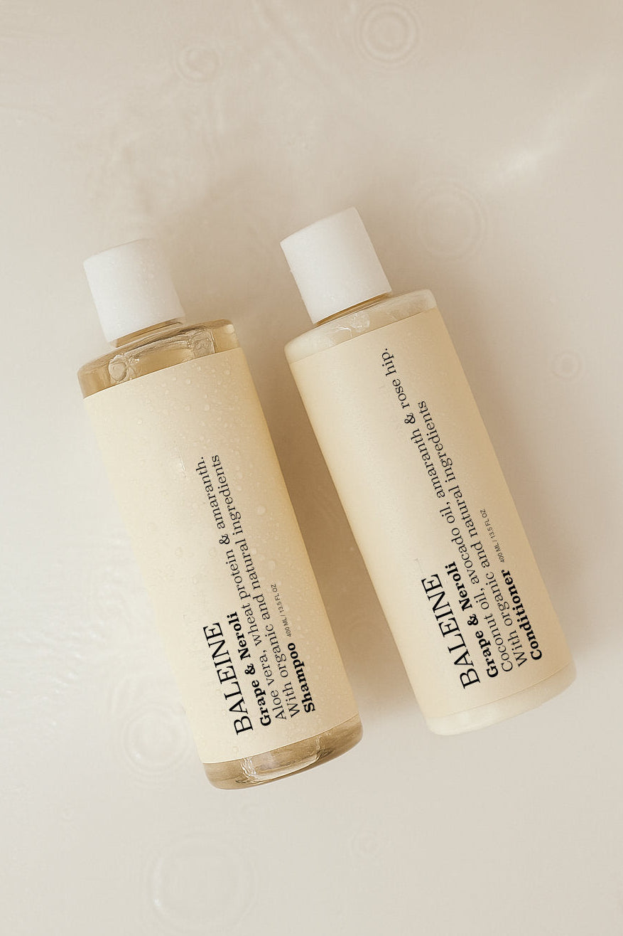 Shampoo and conditioner with grape & neroli in water – hydrating hair care for soft and nourished hair | Shampoo og balsam med grape & neroli i vand – fugtgivende hårpleje for blødt og velplejet hår.