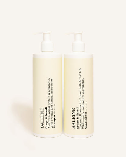 Shampoo and conditioner with a fresh grape & neroli scent, perfect for daily use and healthy hair | Shampoo og balsam med en frisk duft af grape & neroli, perfekt til daglig brug og sundt hår.
