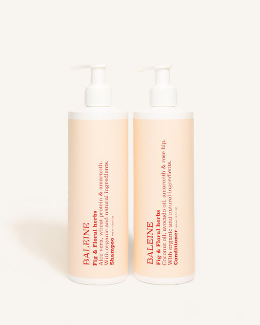 Gentle shampoo and conditioner with fig & floral herbs scent, made with natural and organic ingredients for healthy hair | Skånsom shampoo  og balsam med duften fig & floral herbs, lavet med naturlige og økologiske ingredienser for sundt hår.